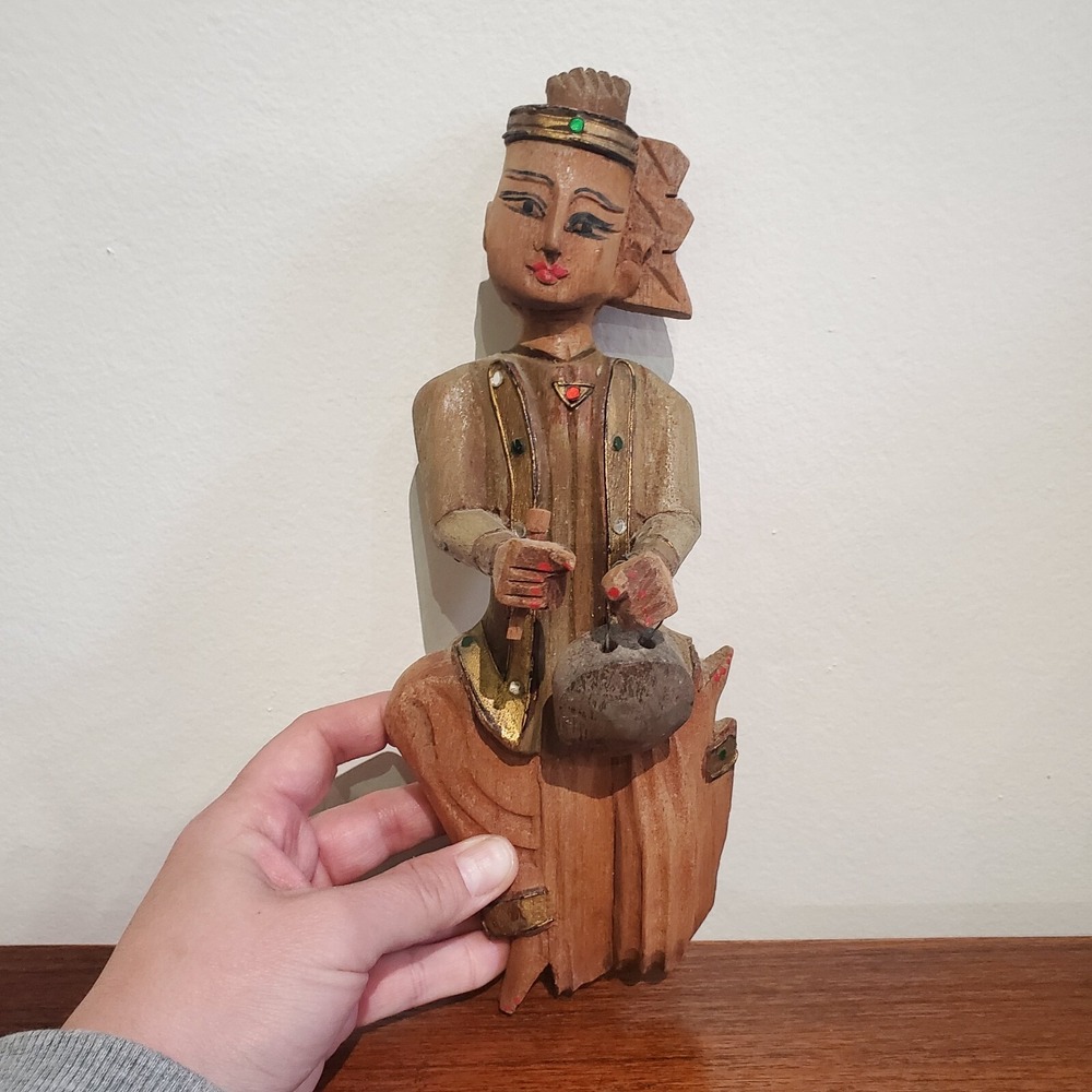 Vintage Burmese Wood Musician‎ Figurine Hand Carved Thai Temple Drummer Wall Art